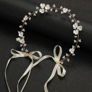 Bridal Headband with White Flowers, Pearls & Ribbon Bows