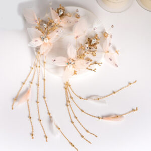 Light Pink Sheer Butterfly Hair Ornaments for Children, Vintage Hanfu Tassel Side Clips for Girls Photoshoot