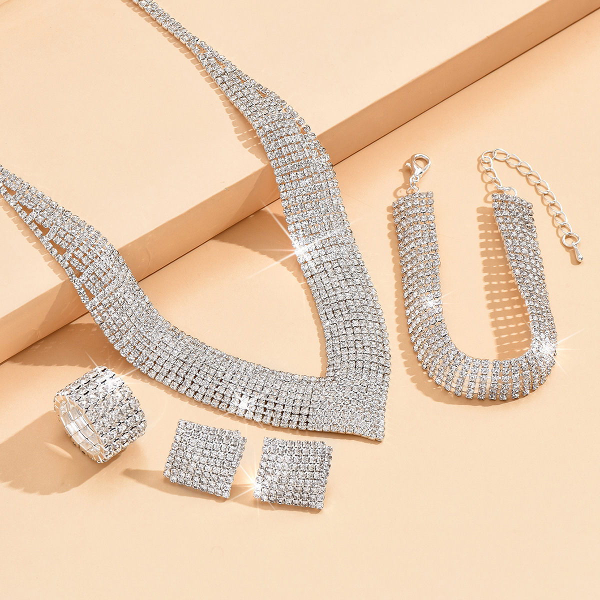 Square Rhinestone V Shape Four Pieces Full Paved Jewelry Set For Women Formal Party Events - Image 3