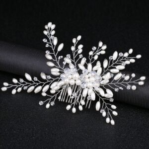 Silver Pearl Crystal Leaf Hair Comb Bridal Wedding Hair Accessory for Women
