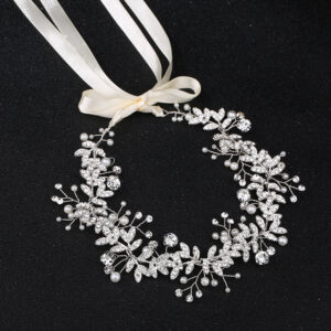 Silver Pearl Crystal Ribbon Hair Vine Bridal Wedding Hair Accessory for Women