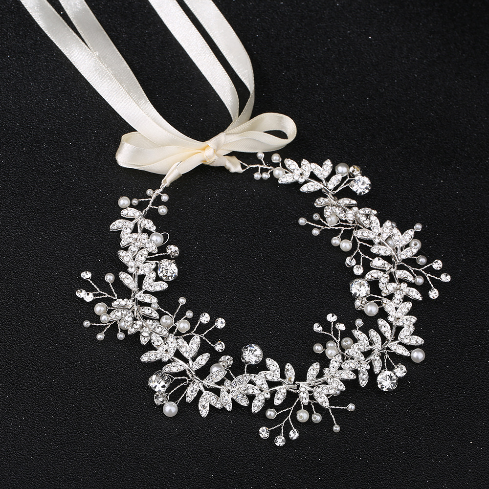 Silver Pearl Crystal Ribbon Hair Vine Bridal Wedding Hair Accessory for Women