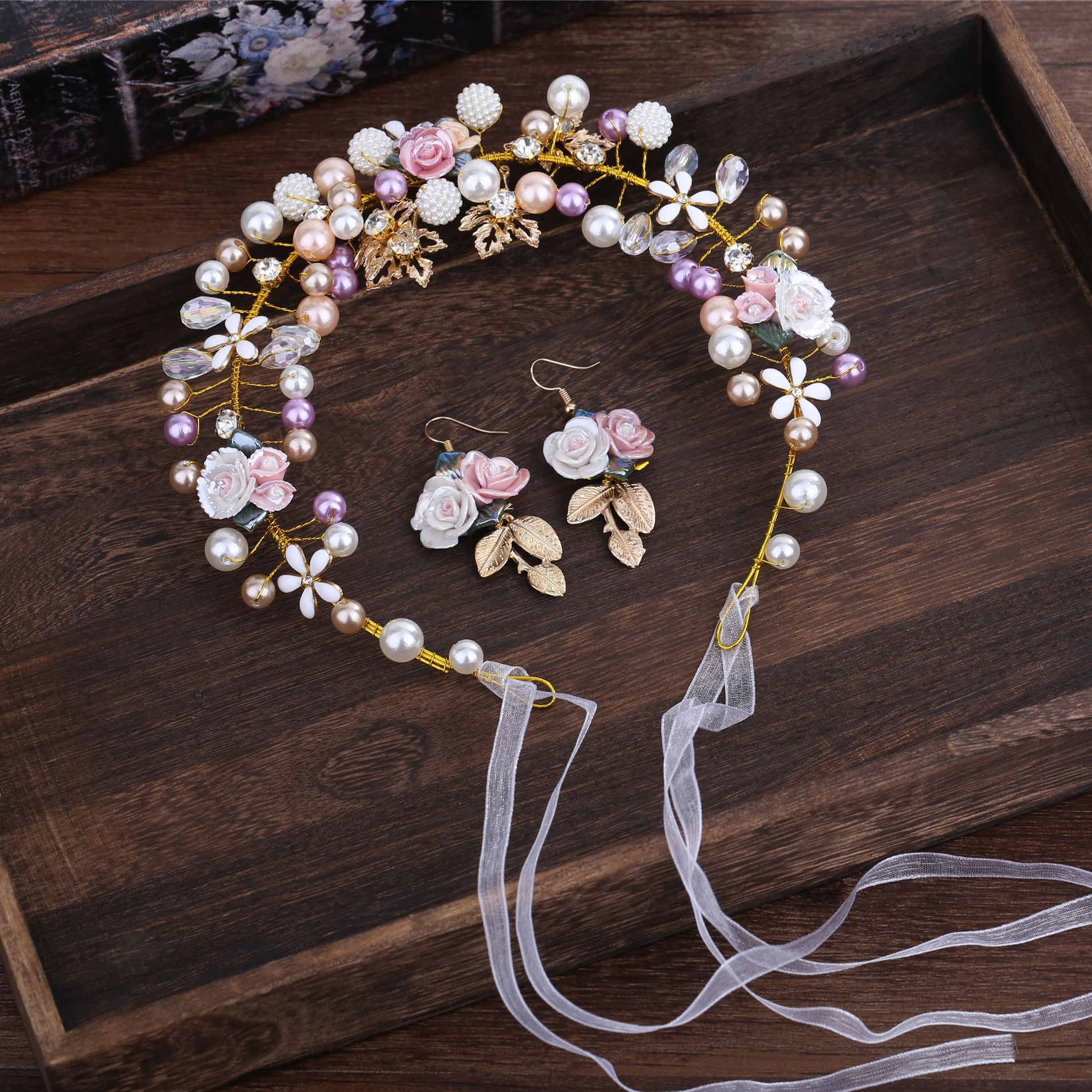 Gold Floral Pearl Crystal Bridal Headband with Matching Drop Earrings Set