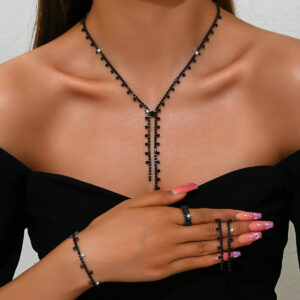 Y Shape Rhinestone Necklace Bracelet Ring Women Jewelry Set