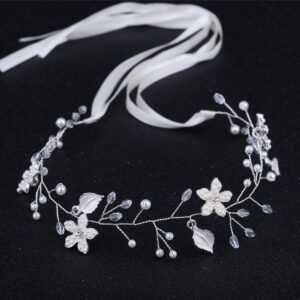 Handmade Silver Floral Pearl Crystal Bridal Hair Vine Headband With Soft White Satin Tie Ribbon