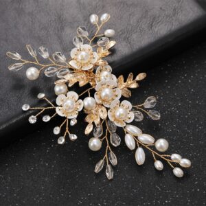 Handmade Gold Floral Pearl Crystal Bridal Hair Clip Elegant Wedding Hair Accessory For Bride Events