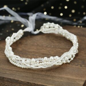 Handmade Multi Strand Pearl Crystal Bridal Headband With White Organza Ribbon Wedding Party Women Accessory