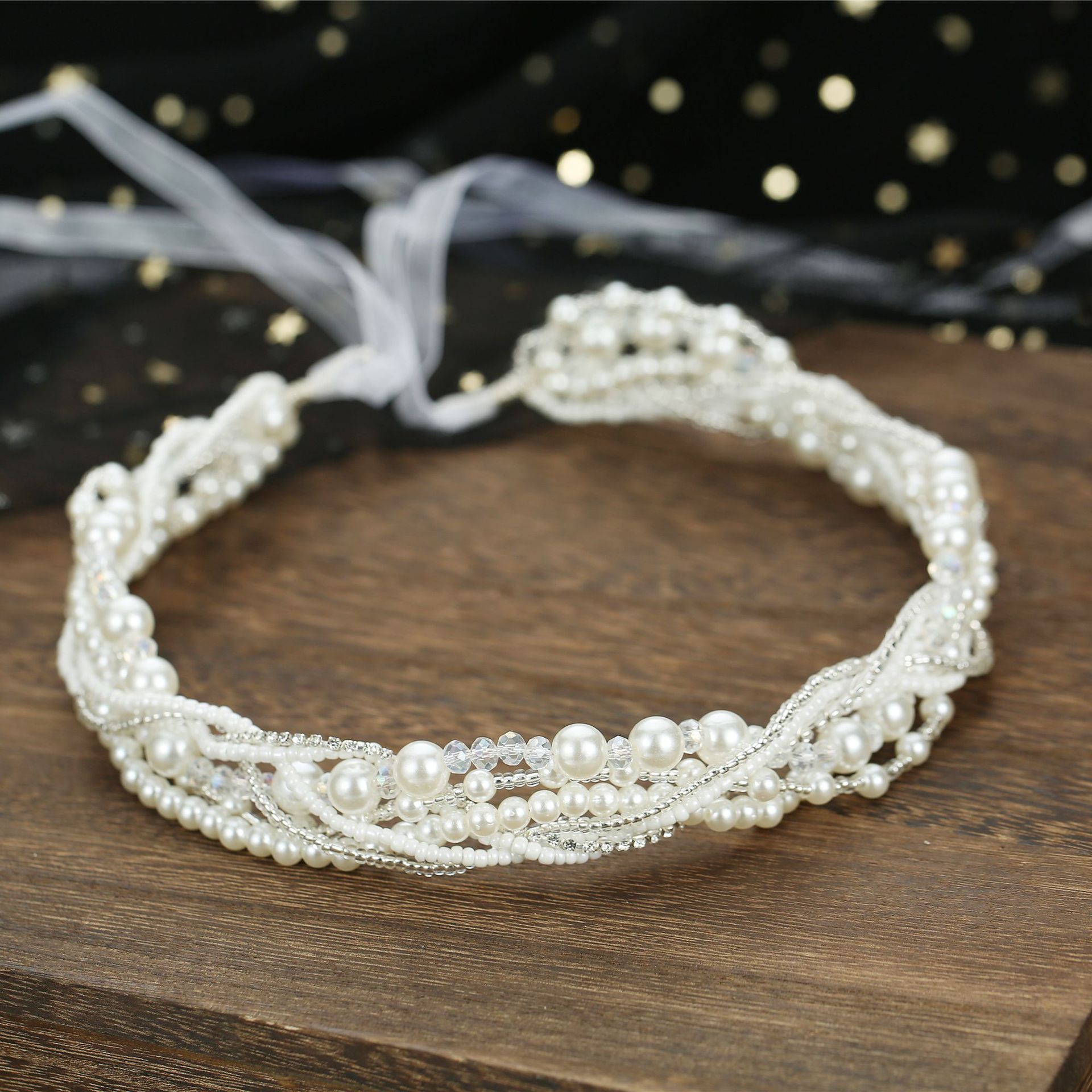 Handmade Multi Strand Pearl Crystal Bridal Headband With White Organza Ribbon Wedding Party Women Accessory