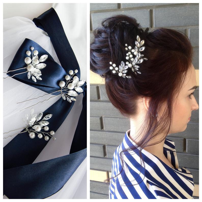 Handmade Silver Pearl Crystal Bridal Hair Pins Set Elegant Vine Wedding Updo Women Hair Accessory