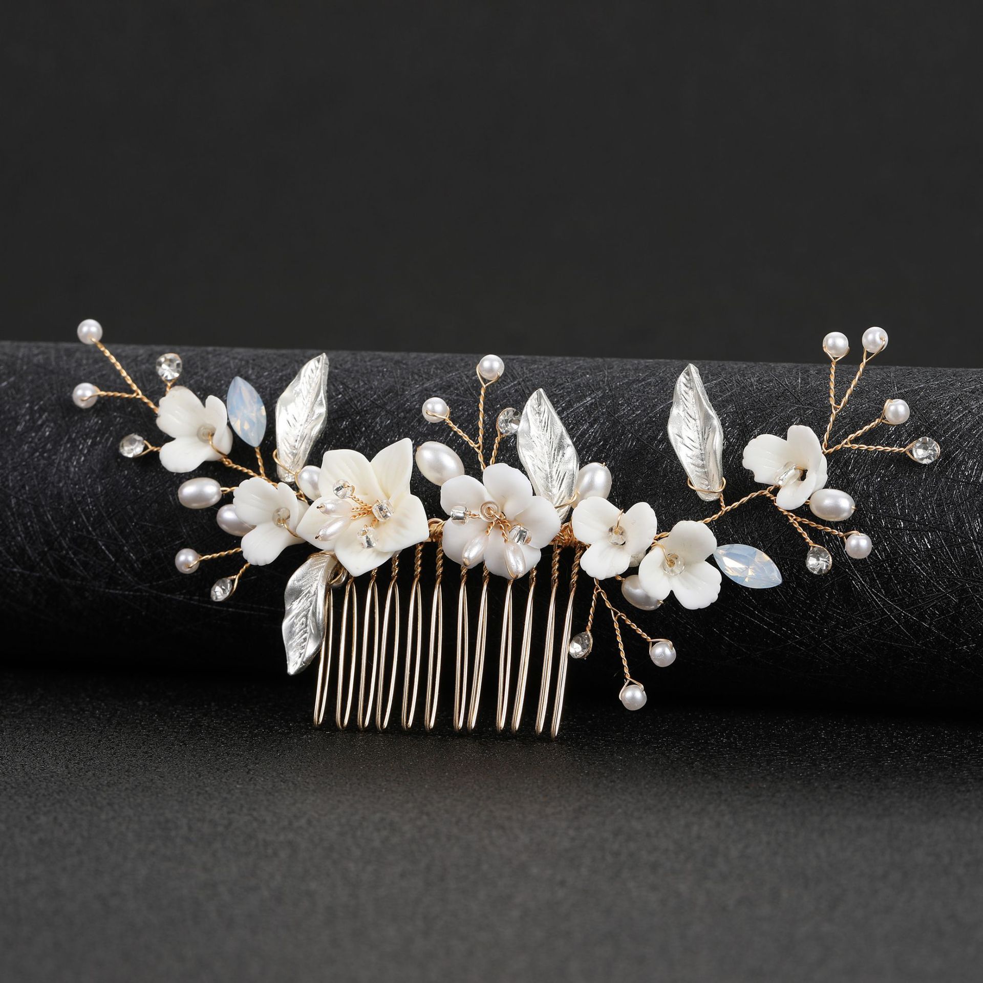 Handmade Gold Ceramic Flower Pearl Crystal Bridal Hair Comb Wedding Vine Women Formal Hair Accessory