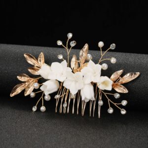 Handmade Gold Leaf White Ceramic Flower Pearl Crystal Bridal Hair Comb Wedding Women Formal Accessory