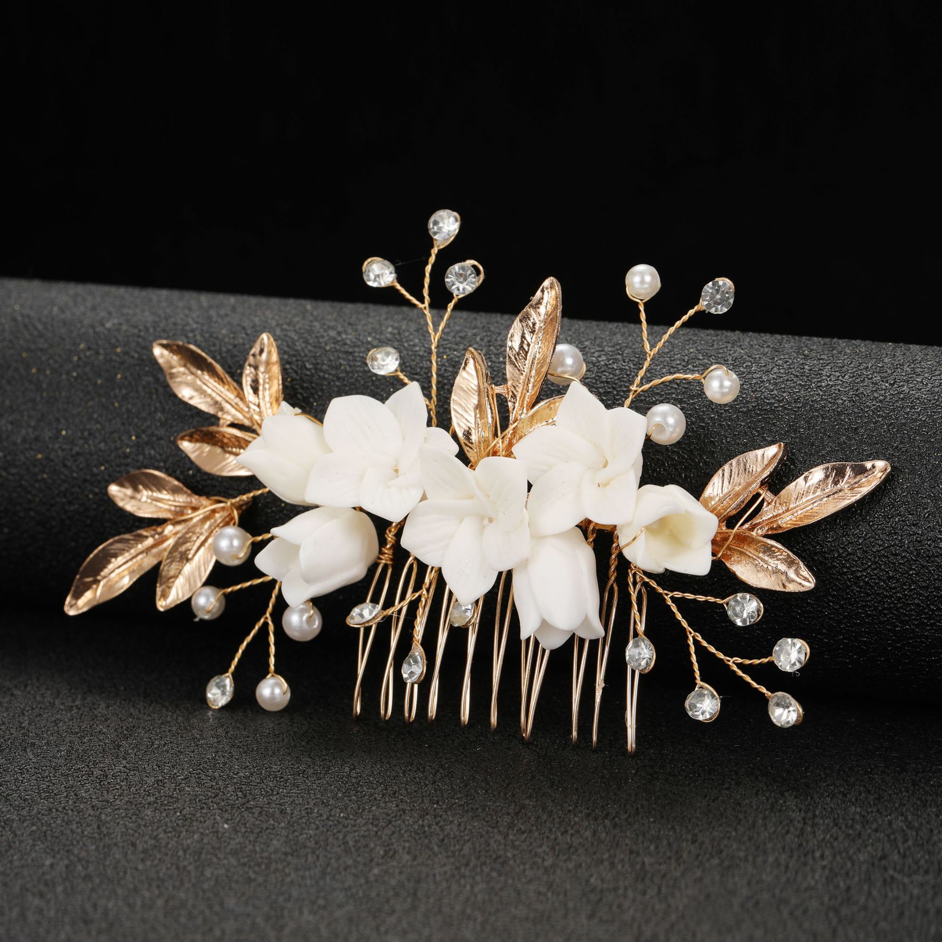 Handmade Gold Leaf White Ceramic Flower Pearl Crystal Bridal Hair Comb Wedding Women Formal Accessory