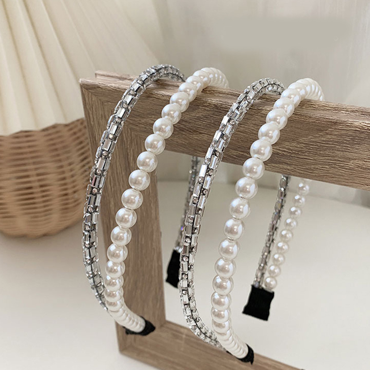 Thin Silver Rhinestone Pearl Beaded Headband Women Daily Wedding Party Elegant Fashion Hair Band Accessory