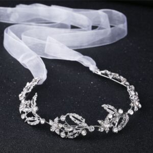 Silver Crystal Floral Vine Bridal Headband With Sheer Ribbon Wedding Women Formal Party Hair Accessory