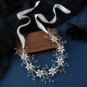 Silver Floral Crystal Bridal Headband With Satin Ribbon Wedding Women Formal Party Handmade Hair Accessory