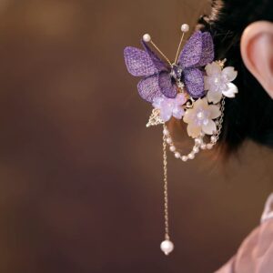 Purple Butterfly Flower Pearl Tassel Hair Clip Women Hanfu Wedding Party Elegant Vintage Hair Accessory