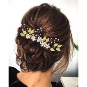 Gold Leaf Pearl Floral Bridal Hair Comb Wedding Women Formal Evening Party Handmade Hair Accessory