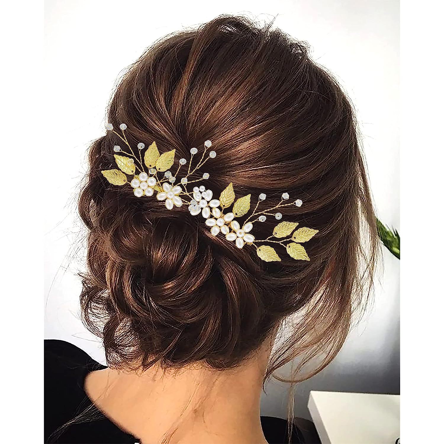Gold Leaf Pearl Floral Bridal Hair Comb Wedding Women Formal Evening Party Handmade Hair Accessory