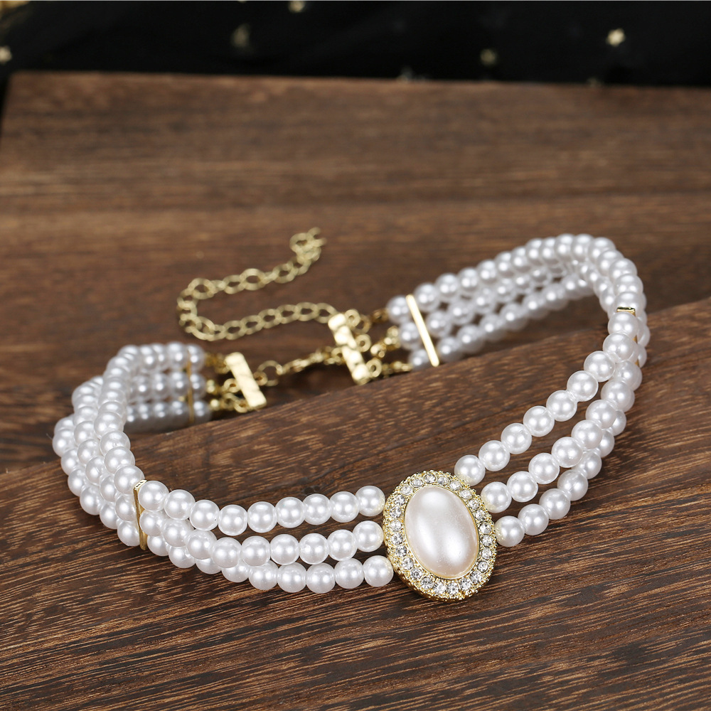 Multi Strand Pearl Choker Necklace Oval Crystal Gold Bridal Wedding Women Formal Vintage Party Jewelry
