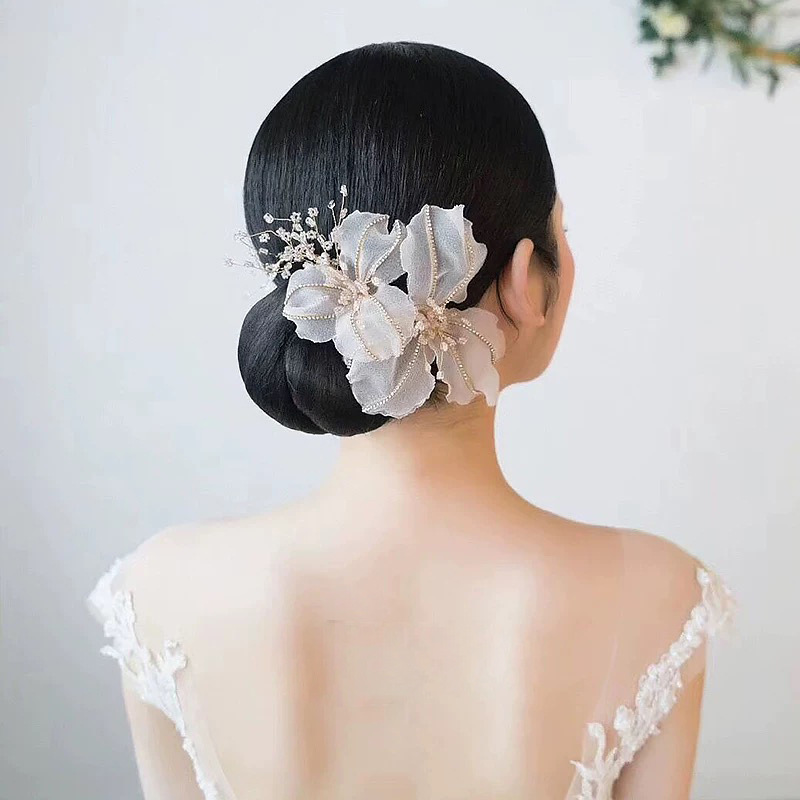 Sheer Fabric Flower Pearl Bridal Hair Clip Wedding Women Formal Boho Handmade Floral Hair Accessory