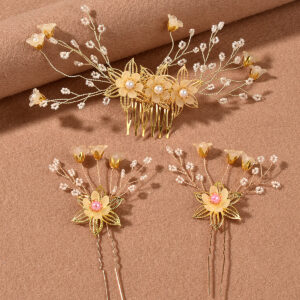 Gold Resin Flower Pearl Beaded Bridal Hair Comb Pins Set Wedding Women Formal Floral Accessory
