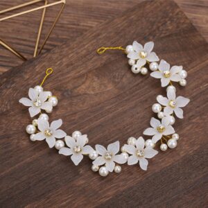 Gold White Frosted Flower Pearl Crystal Bridal Hair Vine Wedding Women Formal Floral Headband Accessory