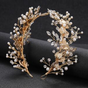 Vintage Gold Metal Leaf Branch Hair Garland Faux Pearl Clear Crystal Wedding Hair Accessory for Brides