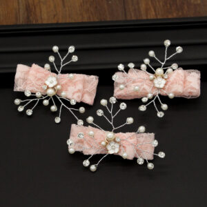 Pink Lace Bow Pearl Crystal Bridal Hair Clips Set Wedding Girls Formal Floral Side Accessory