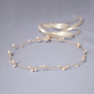 Gold Teardrop Pearl Bridal Hair Vine Satin Ribbon Tie Wedding Women Minimalist Delicate Thin Headband