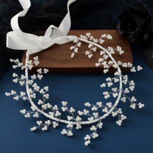Silver Branch Pearl Bridal Hair Vine White Satin Ribbon Wedding Women Elegant Handmade Floral Headband
