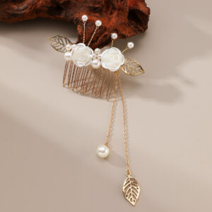 Gold Rose Pearl Tassel Bridal Hair Comb Wedding Women Vintage Hollow Leaf Side Hair Accessory