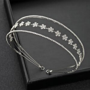Silver Double Band Rhinestone Flower Bridal Headband Wedding Women Delicate Sparkly Thin Formal Party Tiara