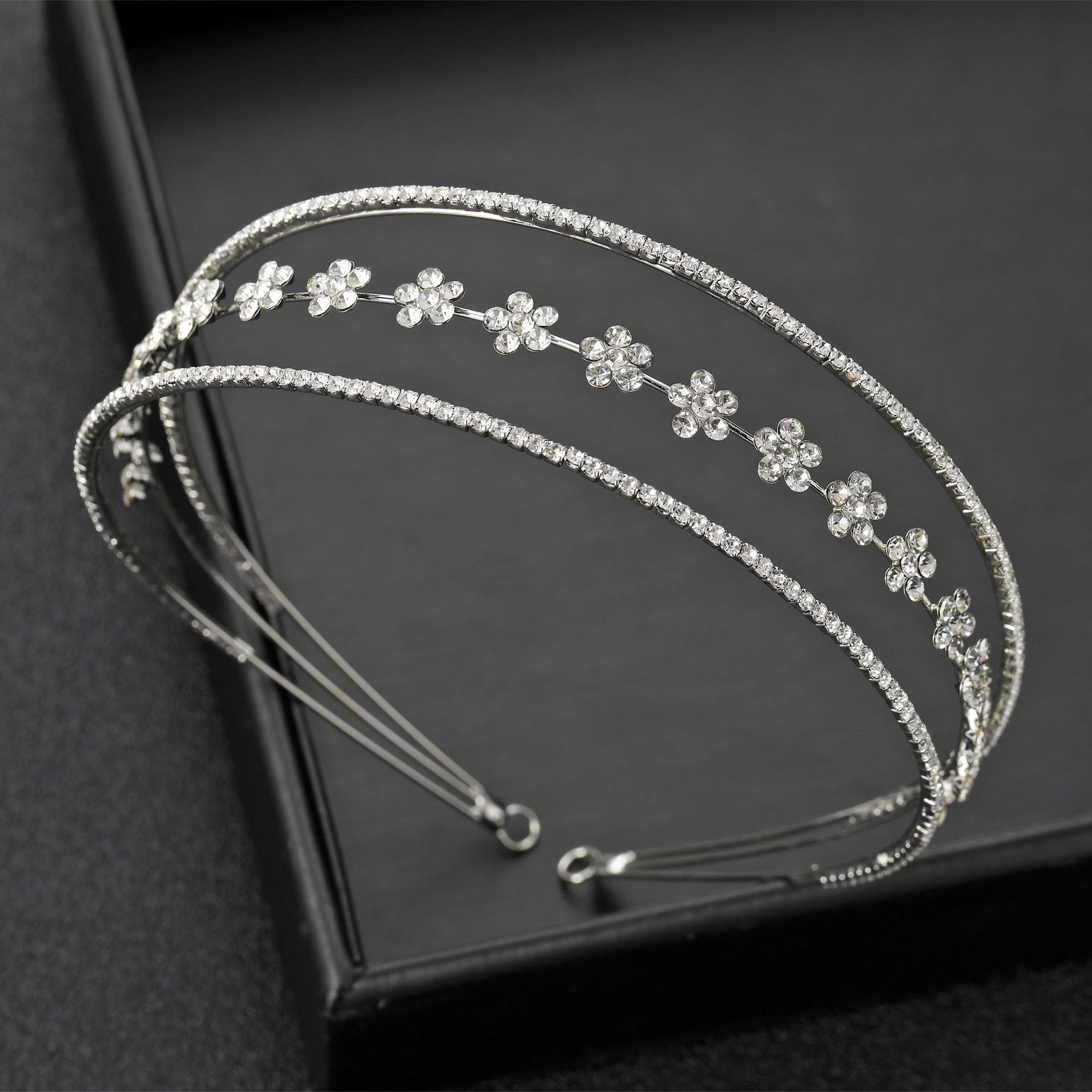 Silver Double Band Rhinestone Flower Bridal Headband Wedding Women Delicate Sparkly Thin Formal Party Tiara