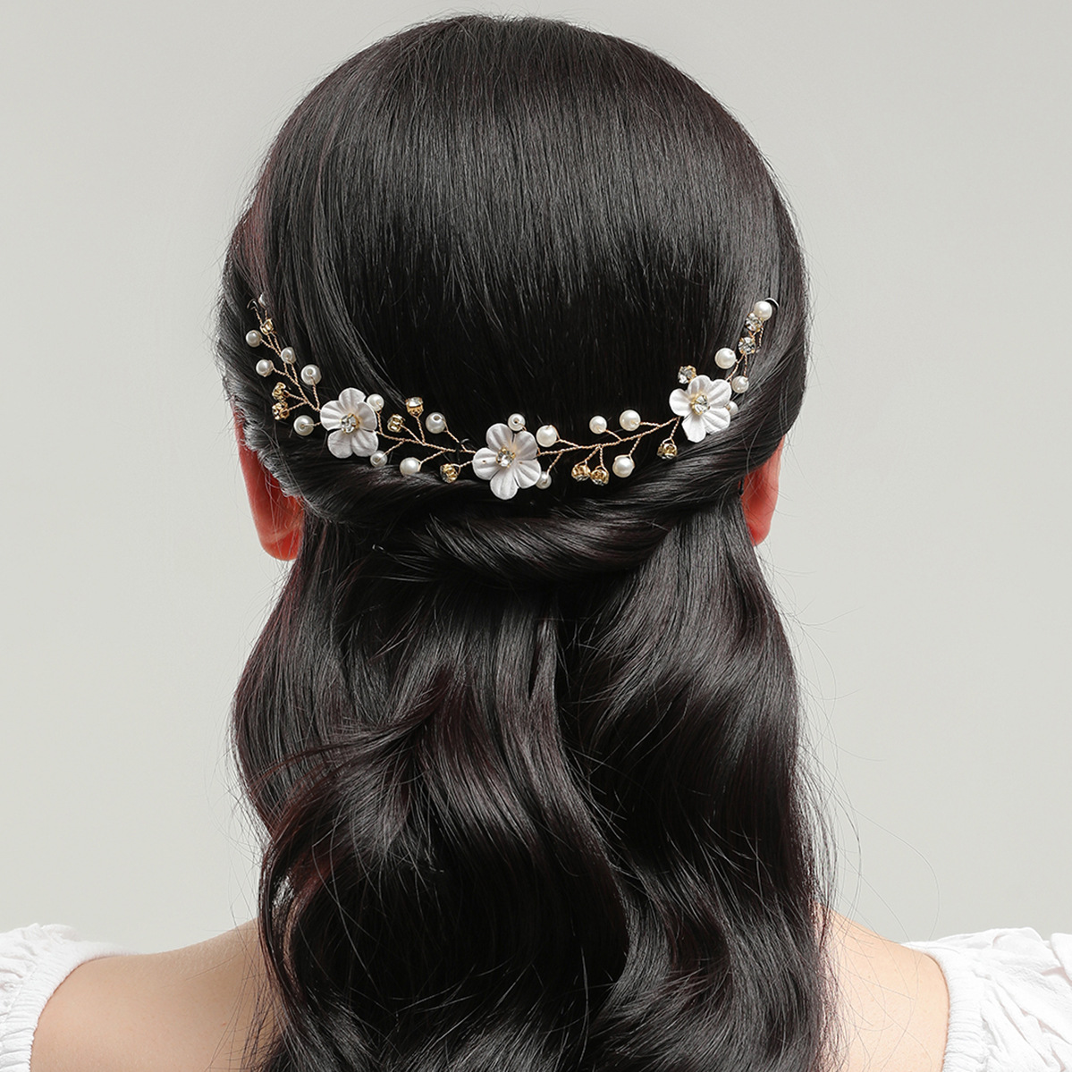 Gold White Flower Pearl Crystal Bridal Hair Vine Wedding Women Delicate Handmade Side Formal Headpiece