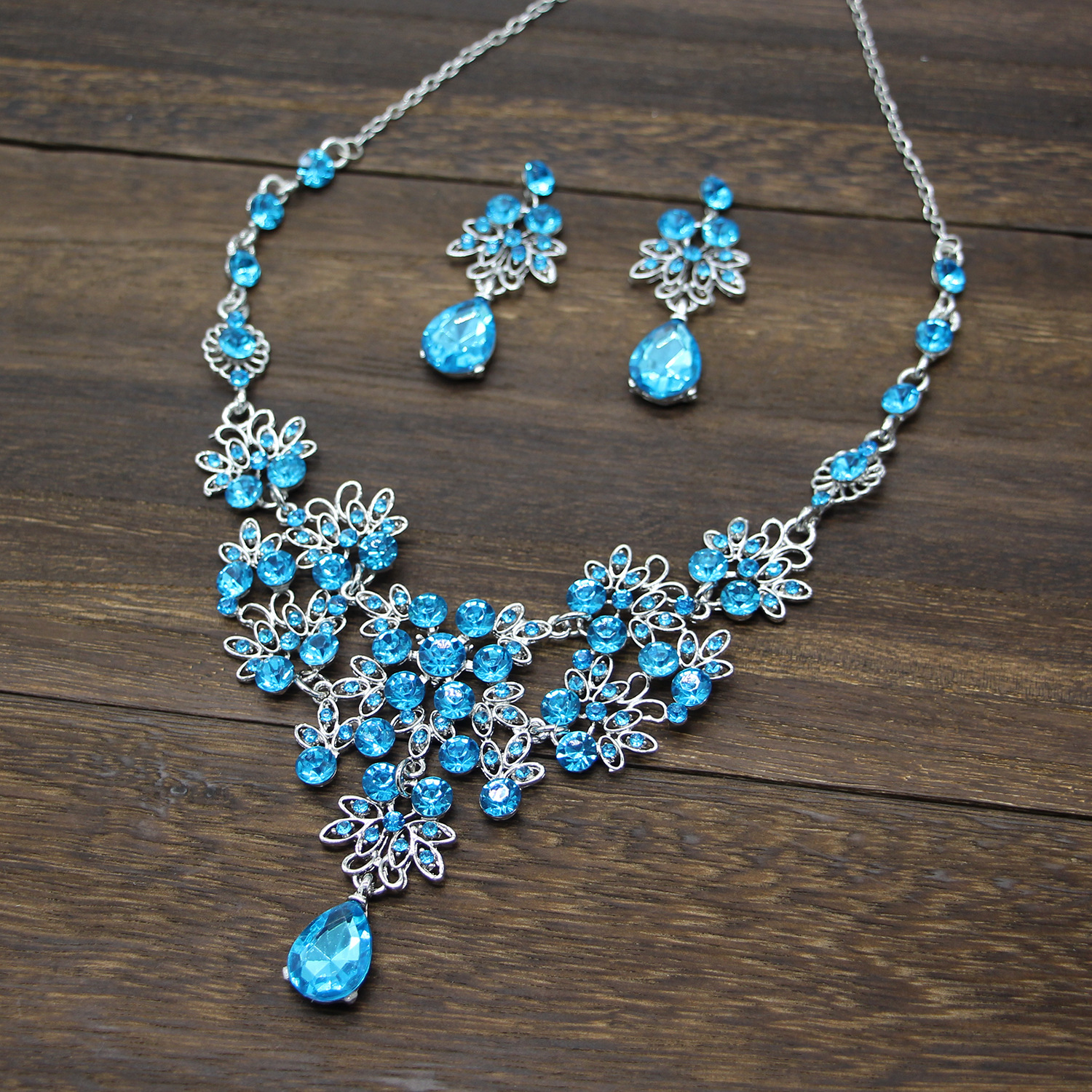 Silver Blue Teardrop Rhinestone Floral Necklace Earring Set Women Formal Wedding Banquet Sparkling Statement Jewelry