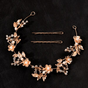 Rose Gold Floral Pearl Crystal Bridal Hair Vine With Hairpins Wedding Women Handmade Garland Headpiece