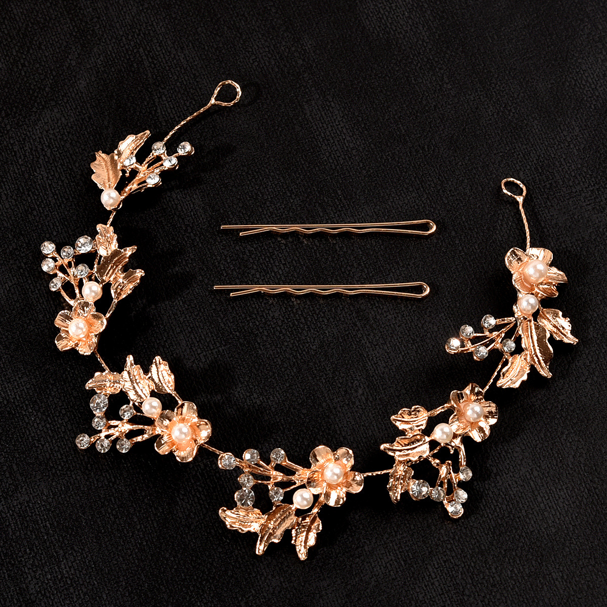 Rose Gold Floral Pearl Crystal Bridal Hair Vine With Hairpins Wedding Women Handmade Garland Headpiece