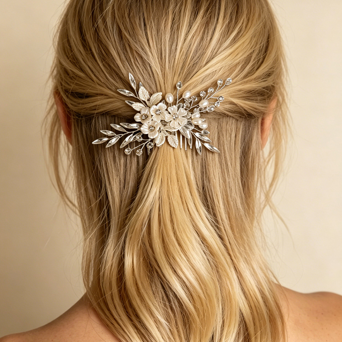Silver Floral Leaf Pearl Crystal Bridal Hair Comb Wedding Women Elegant Handmade Side Formal Headpiece