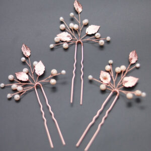 Set of Three Rose Gold Leaf Pearl Hair Pins for Bridal Wedding Party Hairstyle Accessories