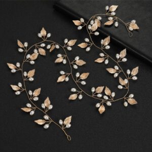 Handmade Gold Leaf Pearl Bridal Hair Vine Flexible Wedding Headpiece for Brides