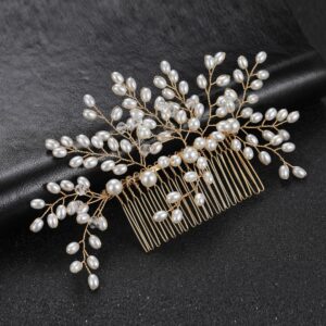 Handmade Gold Wire Pearl Crystal Bridal Hair Comb for Wedding Party Elegant Hairstyle Decor Accessory
