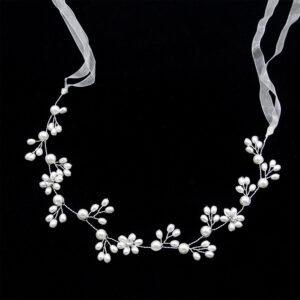 Handmade Pearl Floral Bridal Ribbon Headband with Crystal Accents for Wedding Party Elegant Hair Decor