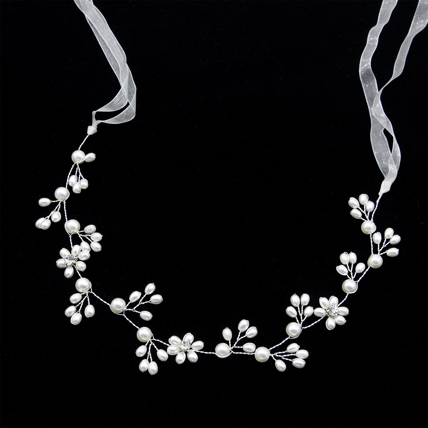 Handmade Pearl Floral Bridal Ribbon Headband with Crystal Accents for Wedding Party Elegant Hair Decor