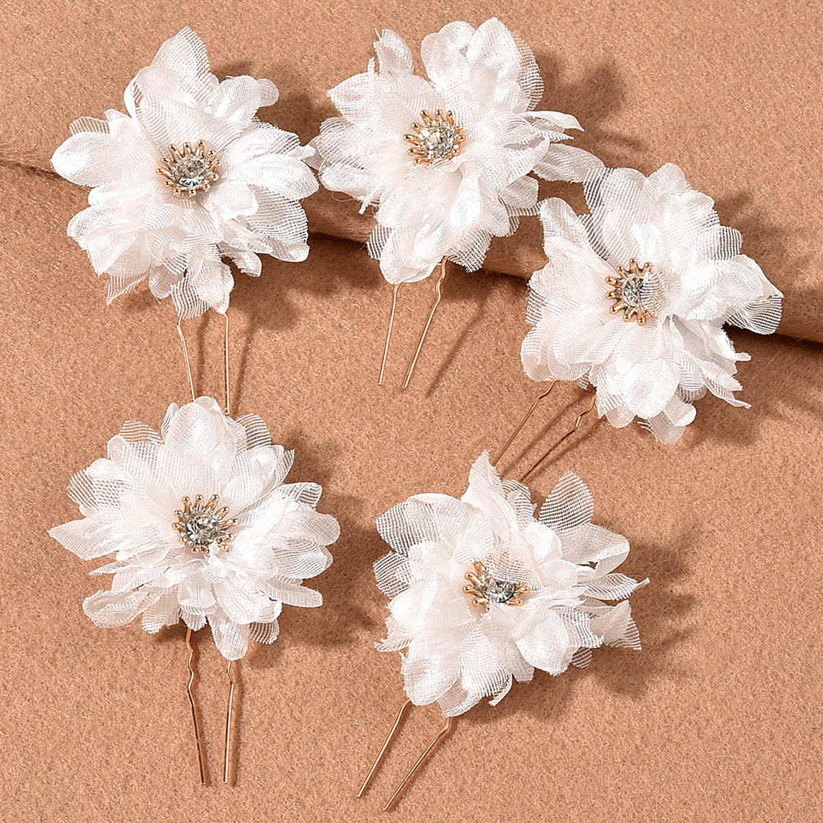 White Chiffon Flower Crystal Hair Pins Set for Bridal Wedding Party Elegant Updo Hair Decor