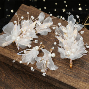 Sheer Tulle Pearl Crystal Bridal Hair Clips Earrings Jewelry Set for Wedding Party Elegant Decor