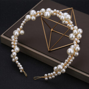 Gold Wire Multi Size Pearl Bridal Headband for Wedding Party Elegant Updo Bridal Hair Decor
