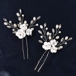 White Clay Flower Pearl Crystal Bridal Hair Pins Set for Wedding Party Elegant Updo Decor