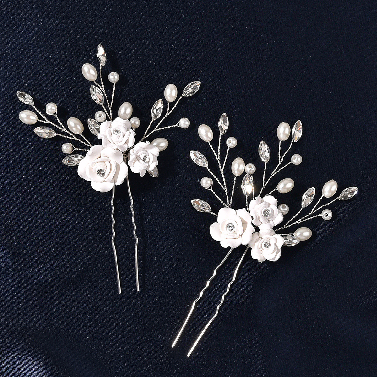 White Clay Flower Pearl Crystal Bridal Hair Pins Set for Wedding Party Elegant Updo Decor