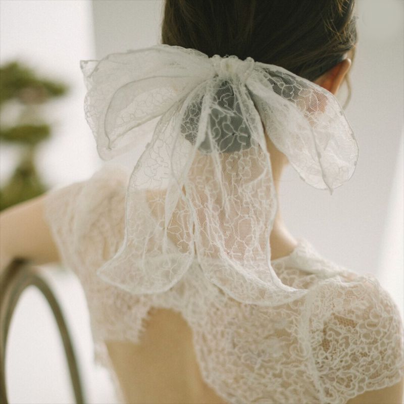 White Sheer Lace Bow Bridal Hair Clip for Wedding Party Elegant Romantic Girls Hair Decor
