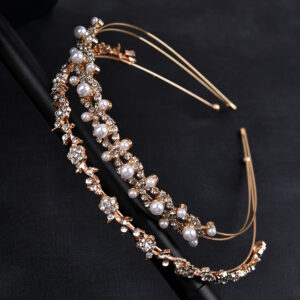 Rose Gold Pearl Crystal Double Band Bridal Headband for Wedding Party Elegant Glam Bridal Decor